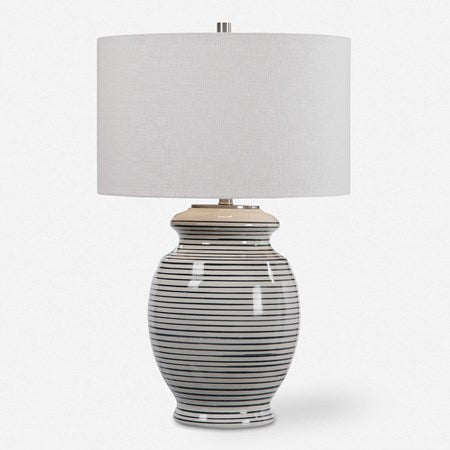 Uttermost Marisa Off-White and Navy Blue Striped Ceramic Table Lamp With White Linen Shade - Image 2