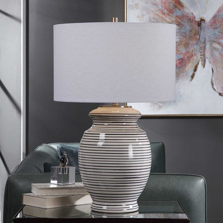 Uttermost Marisa Off-White and Navy Blue Striped Ceramic Table Lamp With White Linen Shade - Image 1