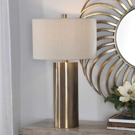 Uttermost Taria Antiqued Brushed Brass Table Lamp With Beige Linen Shade - Image 1