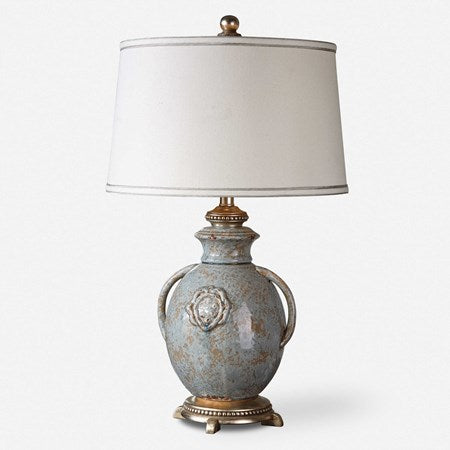 Uttermost Cancello Light Blue Glazed Ceramic Table Lamp With Off-White Linen Shade - Image 1
