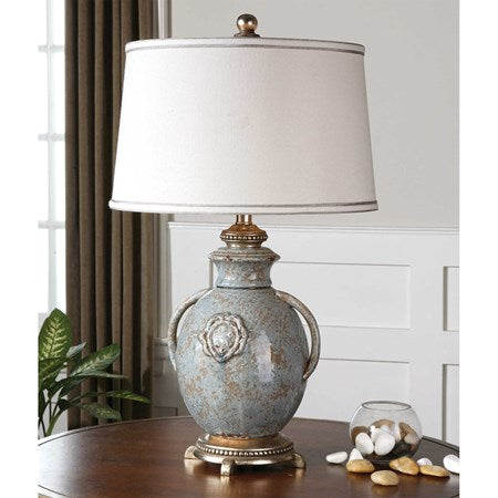 Uttermost Cancello Light Blue Glazed Ceramic Table Lamp With Off-White Linen Shade - Image 2