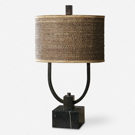 Uttermost Stabina Rustic Bronze and Marble Table Lamp With Woven Rattan Shade - Image 2