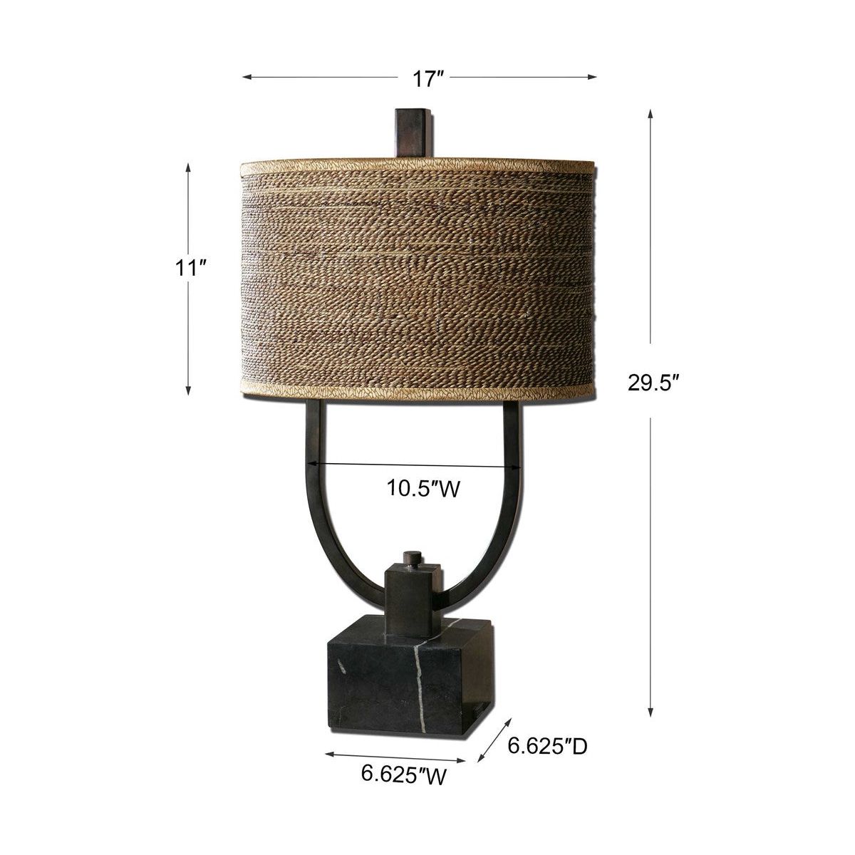 Uttermost Stabina Rustic Bronze and Marble Table Lamp With Woven Rattan Shade - Image 3