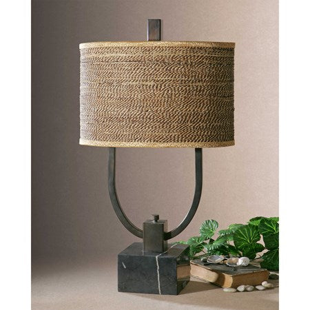 Uttermost Stabina Rustic Bronze and Marble Table Lamp With Woven Rattan Shade - Image 1