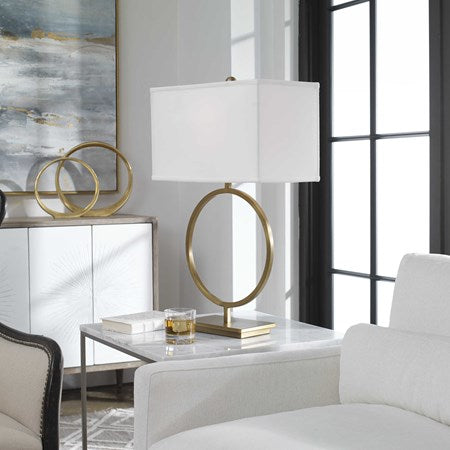 Uttermost Duara Brushed Brass Table Lamp With White Linen Shade - Image 1