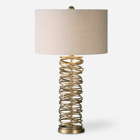 Uttermost Amarey Antiqued Silver Champagne Metal Table Lamp With Oatmeal Linen Drum Shade - Image 1