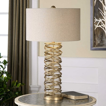 Uttermost Amarey Antiqued Silver Champagne Metal Table Lamp With Oatmeal Linen Drum Shade - Image 2