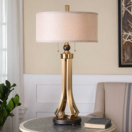 Uttermost Selvino Brushed Brass and Rubbed Bronze Table Lamp With Beige Linen Shade - Image 2
