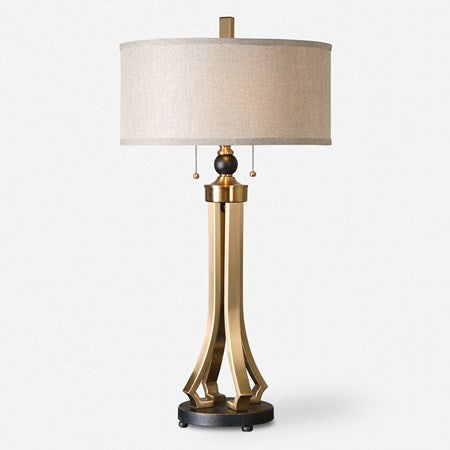 Uttermost Selvino Brushed Brass and Rubbed Bronze Table Lamp With Beige Linen Shade - Image 1