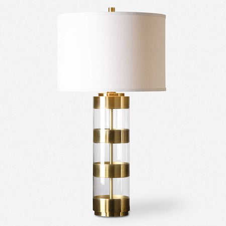 Uttermost Angora Brushed Brass Metal and Acrylic Table Lamp With Light Beige Linen Drum Shade - Image 1