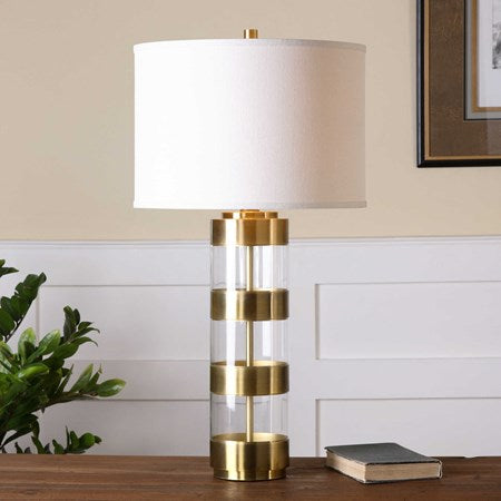 Uttermost Angora Brushed Brass Metal and Acrylic Table Lamp With Light Beige Linen Drum Shade - Image 2