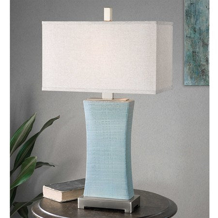 Uttermost Cantarana Pale Blue Gray Glazed Ceramic Table Lamp With Linen Shade - Image 1