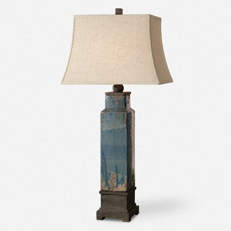 Uttermost Soprana Blue Glaze Ceramic Table Lamp With Khaki Linen Shade - Image 1