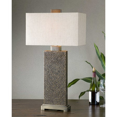 Uttermost Canfield Blackened Brown and Bronze Table Lamp With Beige Linen Shade - Image 1