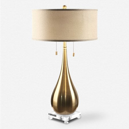 Uttermost Lagrima Brushed Brass Table Lamp With Beige Linen Shade - Image 1