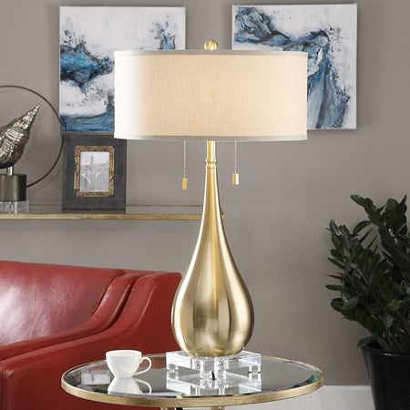 Uttermost Lagrima Brushed Brass Table Lamp With Beige Linen Shade - Image 2