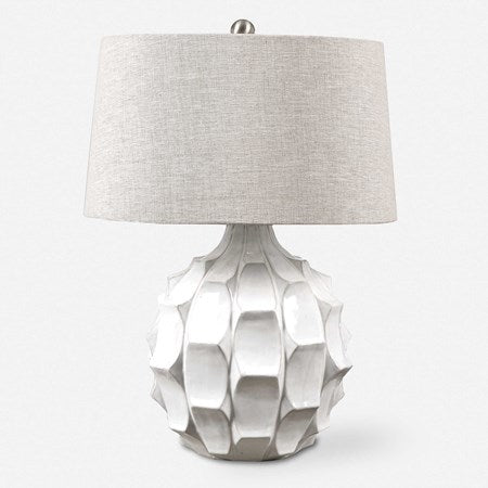 Uttermost Guerina Gloss White Scalloped Ceramic Table Lamp With Linen Shade - Image 1