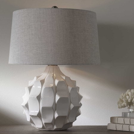 Uttermost Guerina Gloss White Scalloped Ceramic Table Lamp With Linen Shade - Image 3