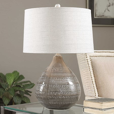 Uttermost Batova Warm Smokey Gray Glazed Ceramic Table Lamp With Beige Linen Shade - Image 3