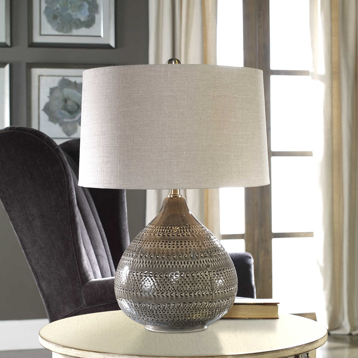 Uttermost Batova Warm Smokey Gray Glazed Ceramic Table Lamp With Beige Linen Shade - Image 1