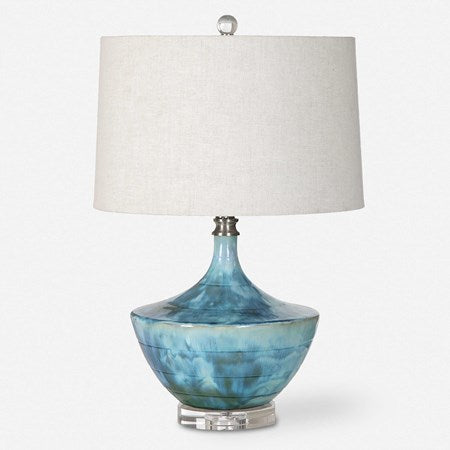 Uttermost Chasida Blue Tie Dyed Glazed Ceramic Table Lamp With Light Beige Linen Shade - Image 1