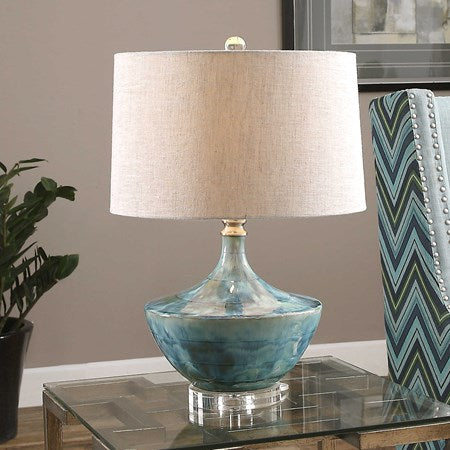 Uttermost Chasida Blue Tie Dyed Glazed Ceramic Table Lamp With Light Beige Linen Shade - Image 2
