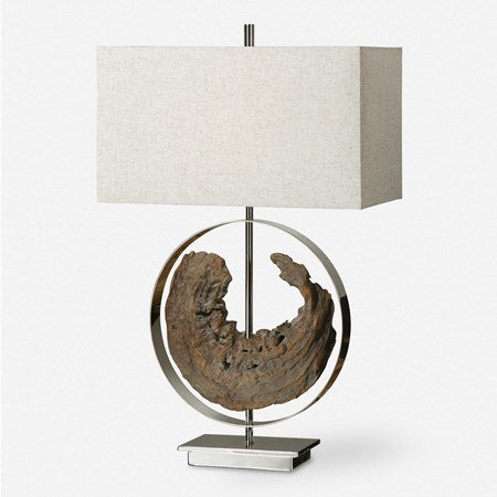 Uttermost Ambler Driftwood and Polished Nickel Metal Table Lamp With Oatmeal Linen Shade - Image 1
