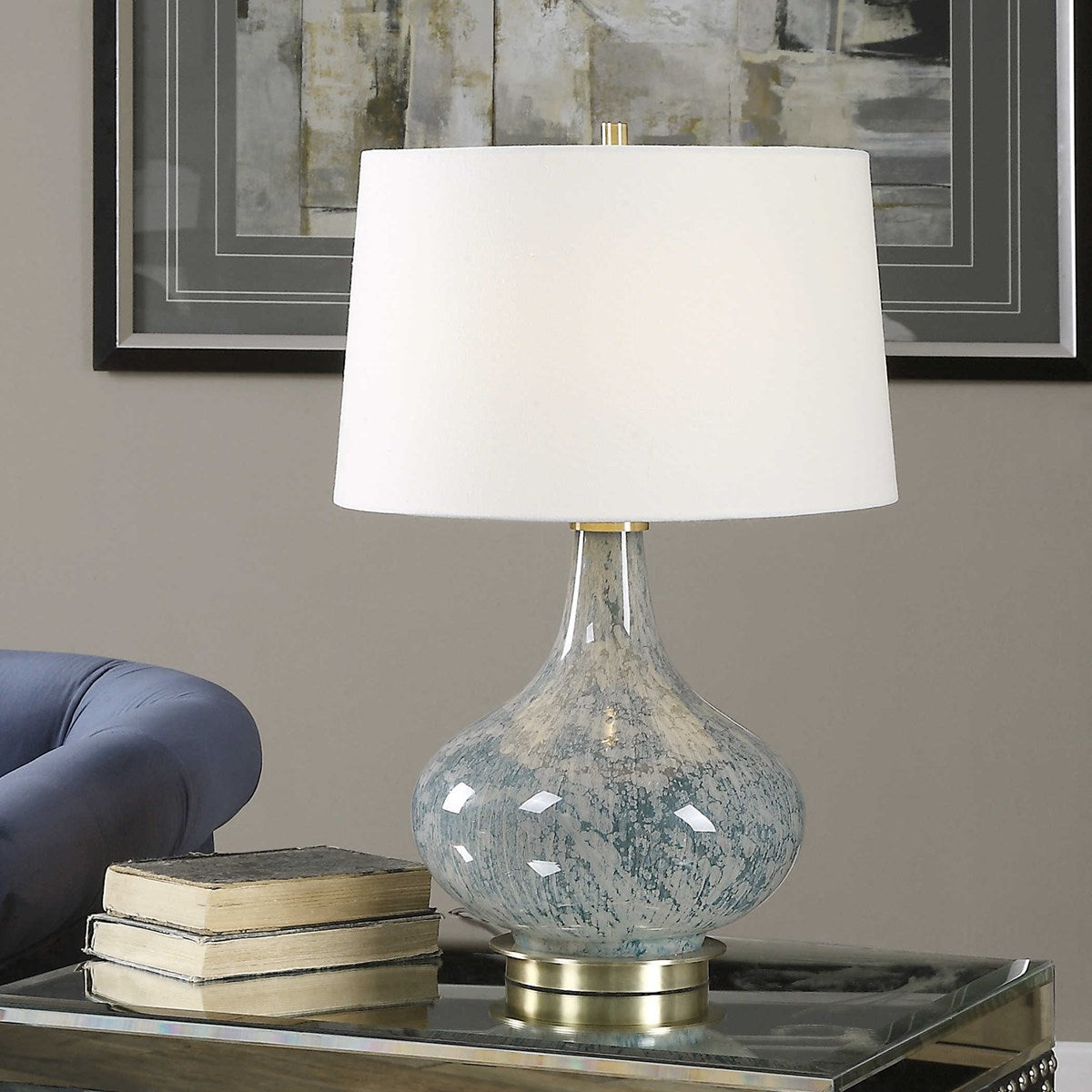 Uttermost Celinda  Light Blue Gray Glass Table Lamp With Ivory Linen Shade - Image 3