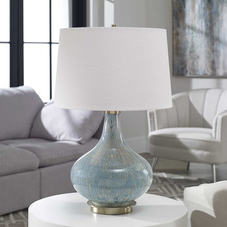 Uttermost Celinda  Light Blue Gray Glass Table Lamp With Ivory Linen Shade - Image 1
