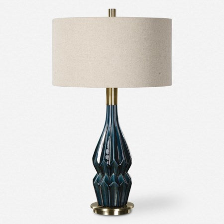 Uttermost Prussian Deep Blue Ceramic Table Lamp With Oatmeal Linen Shade - Image 2