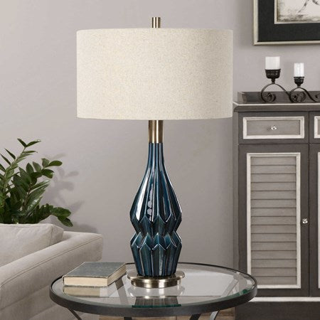 Uttermost Prussian Deep Blue Ceramic Table Lamp With Oatmeal Linen Shade - Image 1