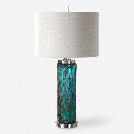 Uttermost Almanzora Blue Glass Table Lamp With Beige Linen Drum Shade - Image 1