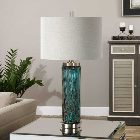 Uttermost Almanzora Blue Glass Table Lamp With Beige Linen Drum Shade - Image 2