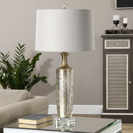 Uttermost Valdieri Metallic Bronze Textured Ceramic Table Lamp With Beige Linen Shade - Image 1