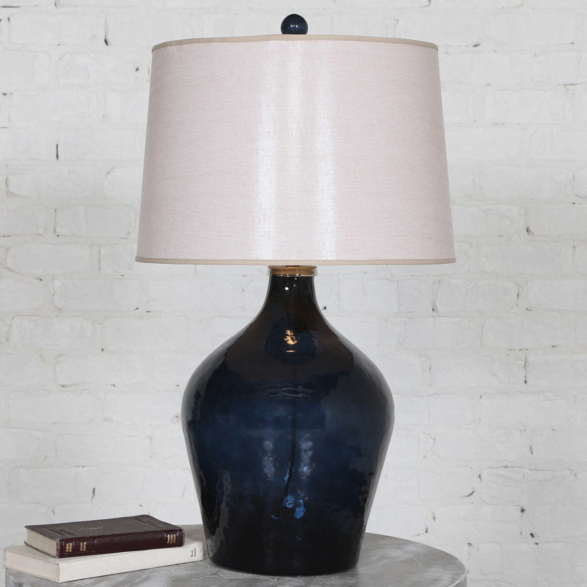 Uttermost Lamone Midnight Blue Glass Table Lamp With Beige Linen Shade - Image 3