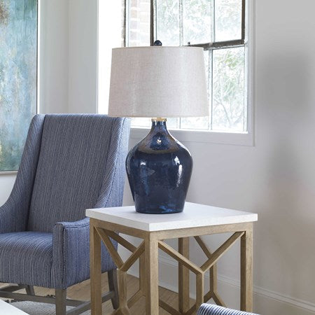 Uttermost Lamone Midnight Blue Glass Table Lamp With Beige Linen Shade - Image 1