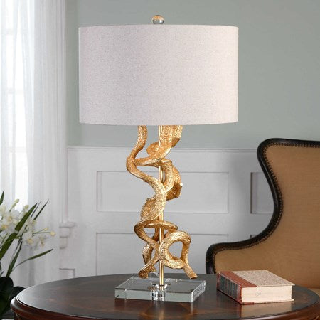 Uttermost Twisted Vines Gold Leaf and Crystal Table Lamp With Oatmeal Linen Shade - Image 1