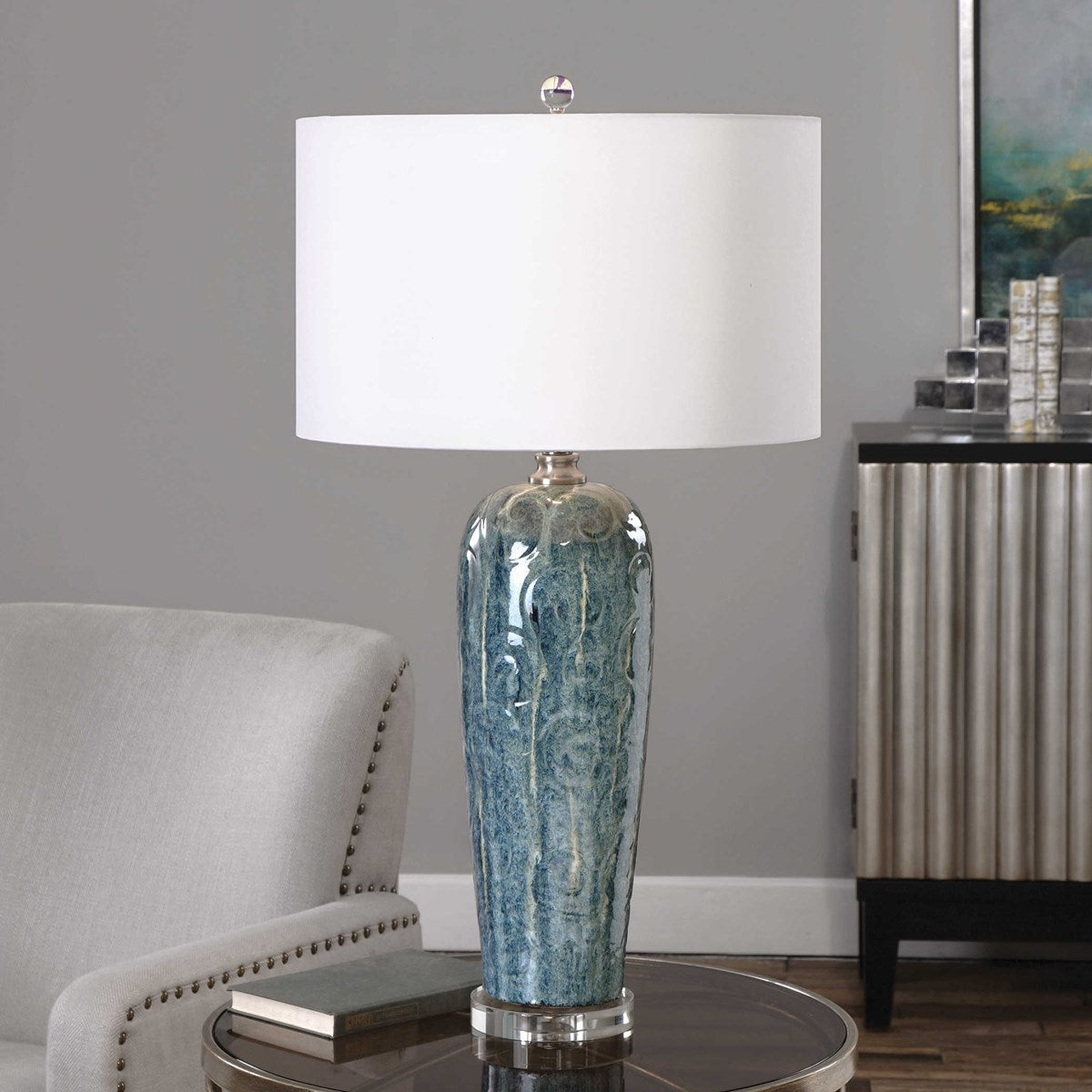 Uttermost Maira Heathered Blue Ceramic Table Lamp With White Linen Shade - Image 3