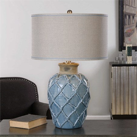 Uttermost Parterre Pale Blue Ceramic Table Lamp With Light Beige Linen Shade - Image 3