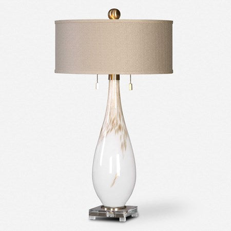 Uttermost Cardoni Gloss White and Golden Bronze Glass Table Lamp With Linen Shade - Image 2