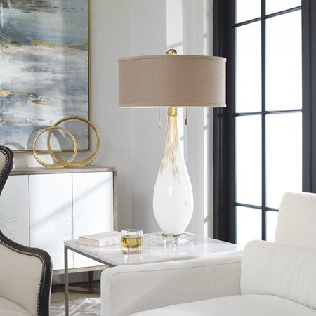 Uttermost Cardoni Gloss White and Golden Bronze Glass Table Lamp With Linen Shade - Image 1