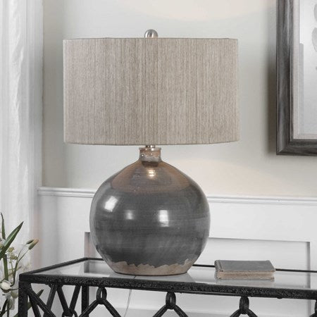Uttermost Vardenis Charcoal Gray Ceramic Table Lamp With Woven Rattan Shade - Image 1