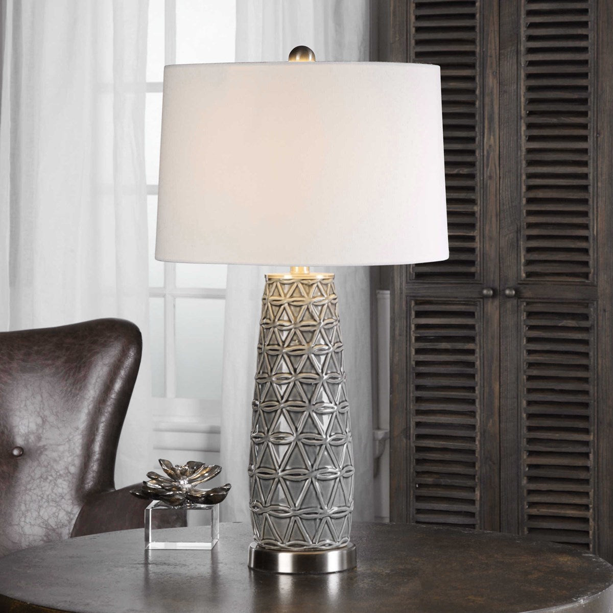Uttermost Cortinada Stone Gray Glazed Ceramic Table Lamp With Linen Shade - Image 1