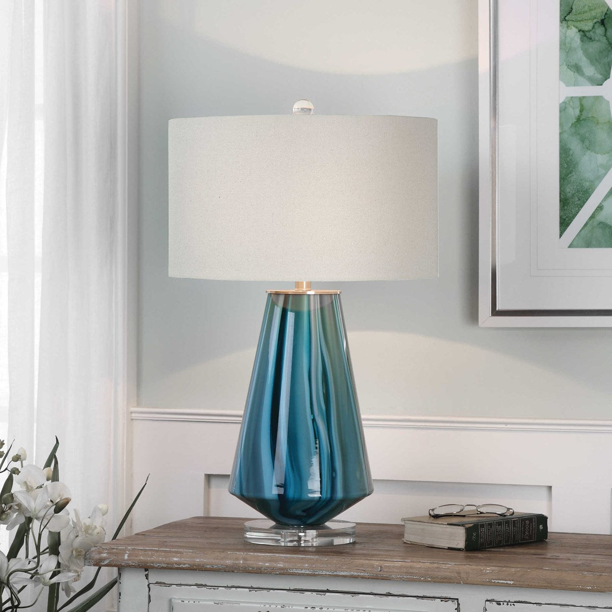 Uttermost Pescara Teal Gray Glass Table Lamp With Beige Linen Shade - Image 3
