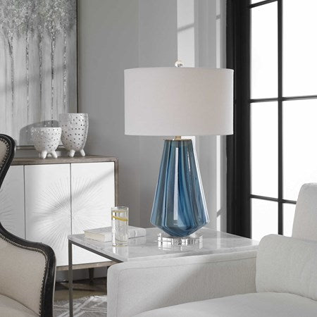 Uttermost Pescara Teal Gray Glass Table Lamp With Beige Linen Shade - Image 1