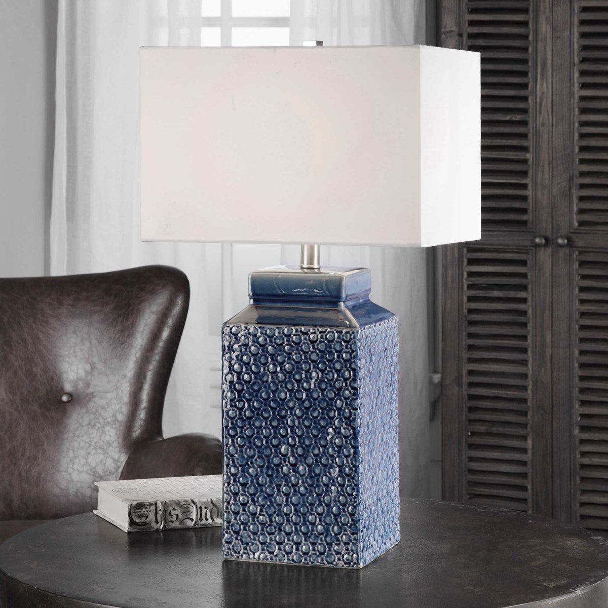 Uttermost Pero Sapphire Blue Glazed Ceramic Table Lamp With White Linen Shade - Image 2