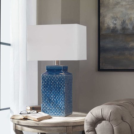 Uttermost Pero Sapphire Blue Glazed Ceramic Table Lamp With White Linen Shade - Image 1
