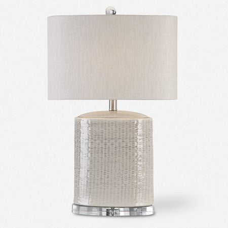 Uttermost Modica Taupe and Gray Glazed Ceramic Table Lamp With Beige Linen Shadeb - Image 3