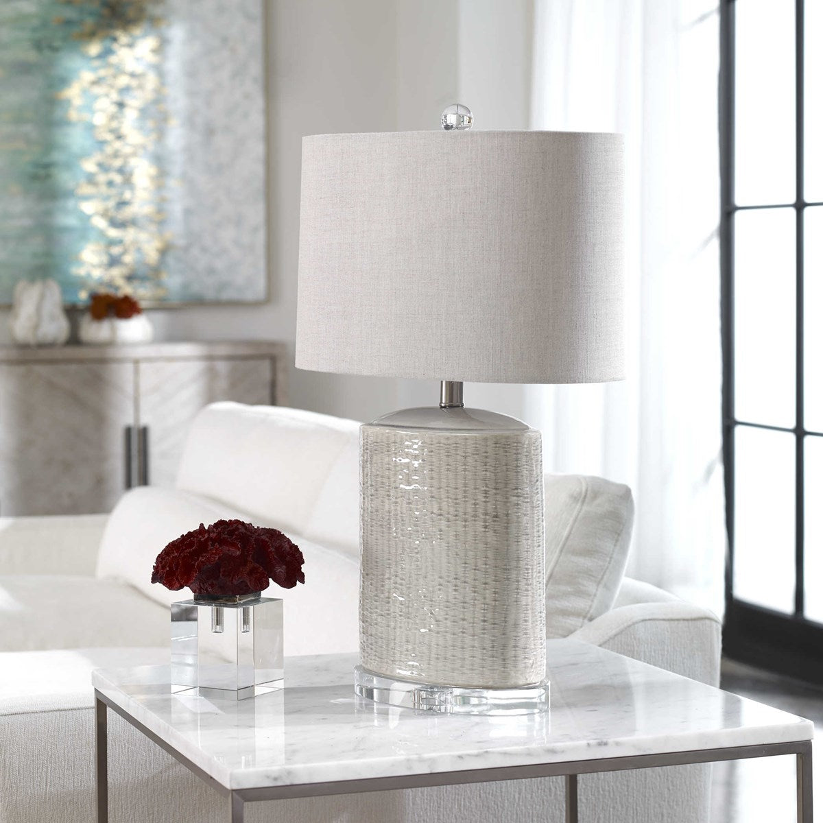 Uttermost Modica Taupe and Gray Glazed Ceramic Table Lamp With Beige Linen Shadeb - Image 2