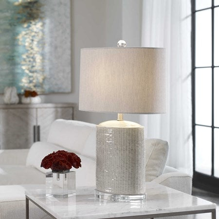 Uttermost Modica Taupe and Gray Glazed Ceramic Table Lamp With Beige Linen Shadeb - Image 1
